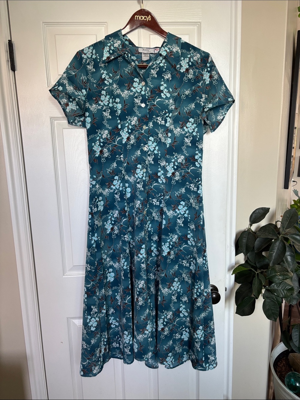 Teal Floral Collared Short-Sleeve Midi Dress